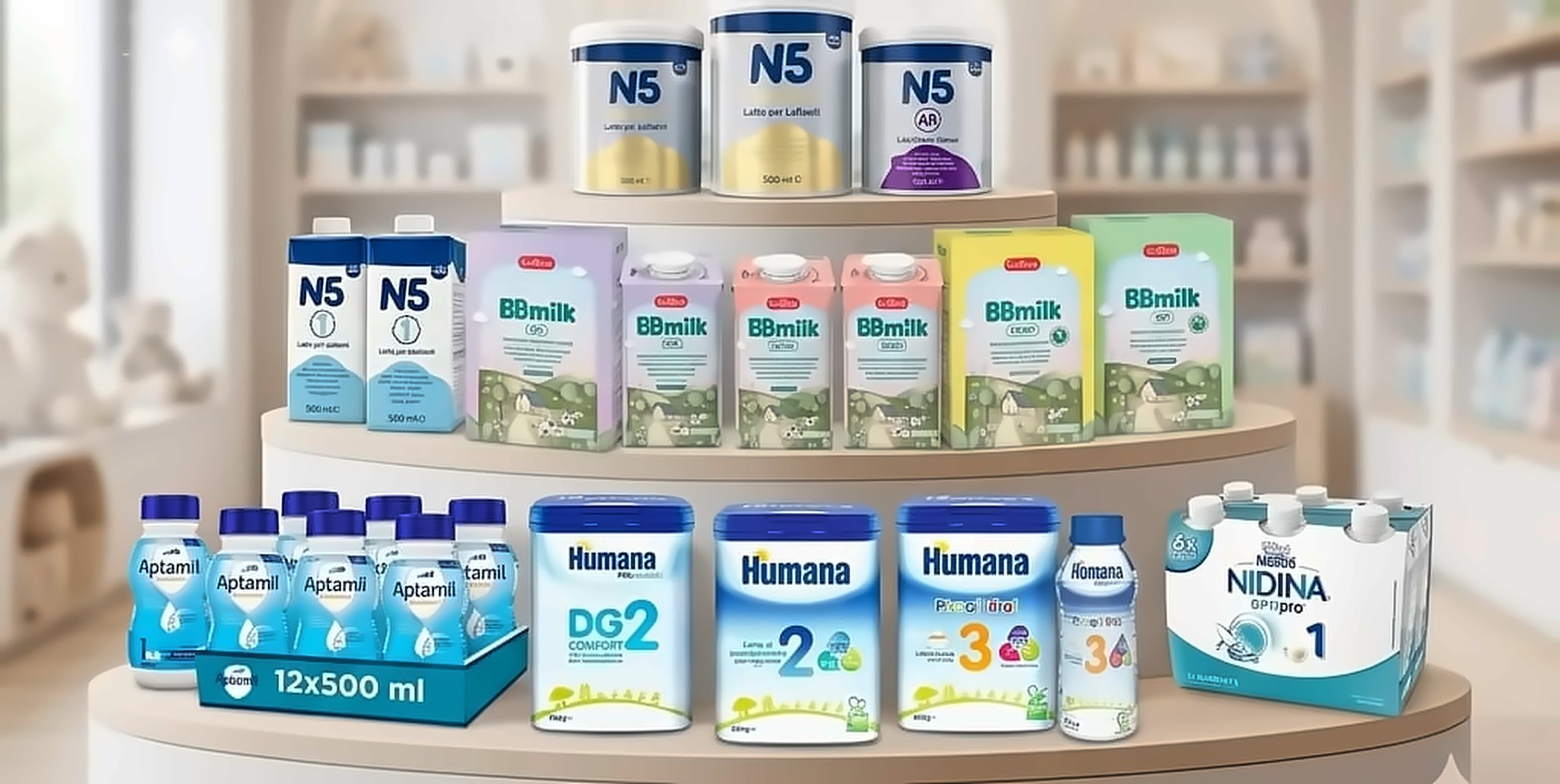 Confezioni di latte per neonati sugli scaffali